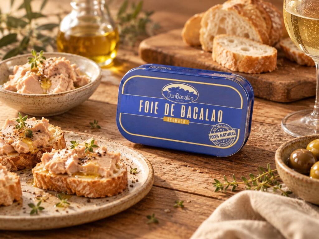 foie de bacalao en mesa con paltos de comida preparados