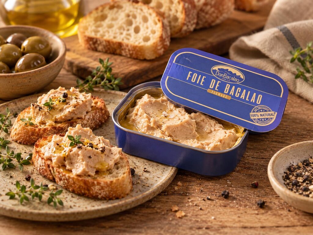 Enlatado de foie de bacalao abierto y listo para servir en mesa