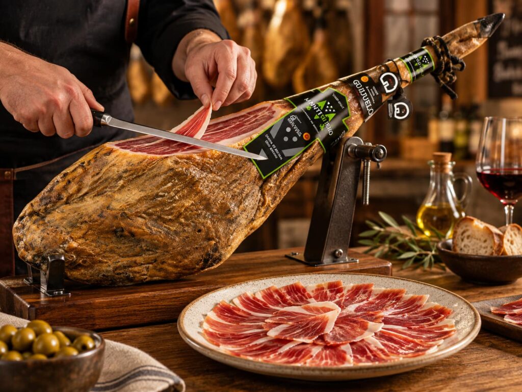 Jamon monteparra ibérico siendo cortado y emplatado